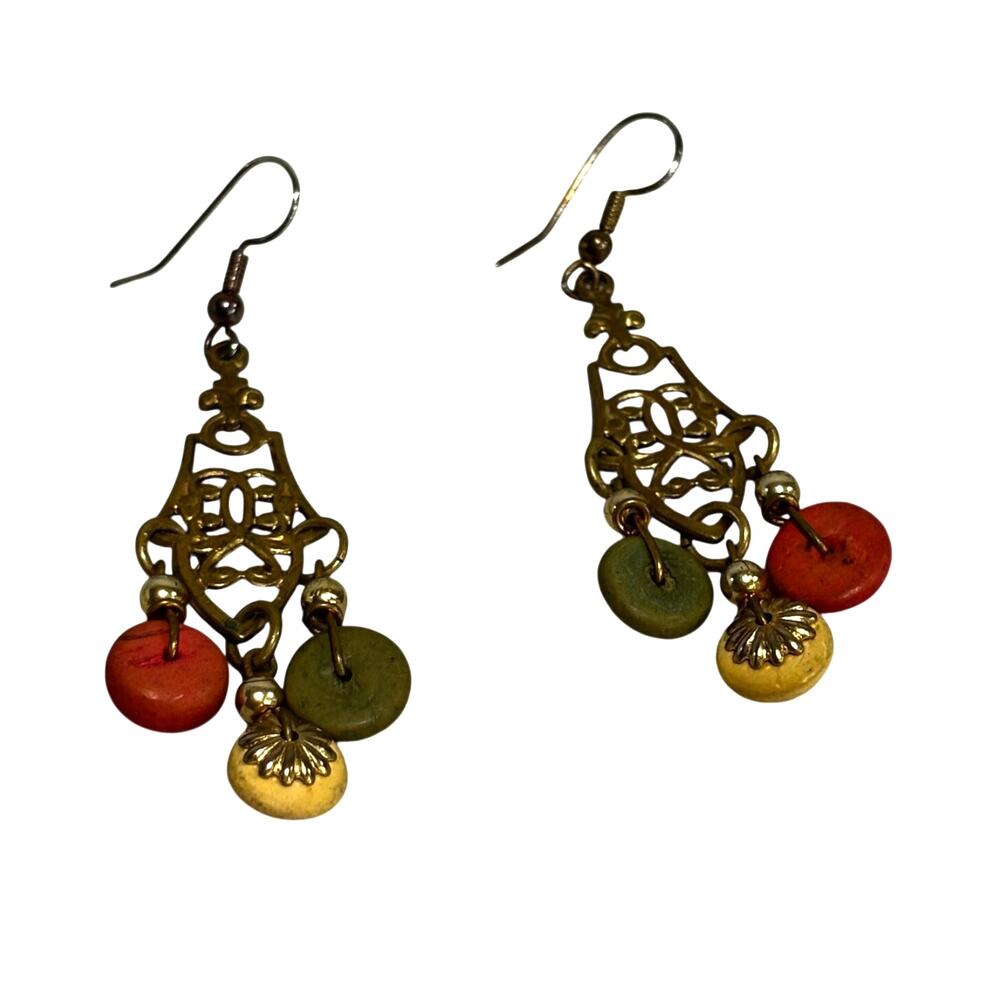 Drop & dangle pierced earrings Boho festival goldtone & colorful beads
